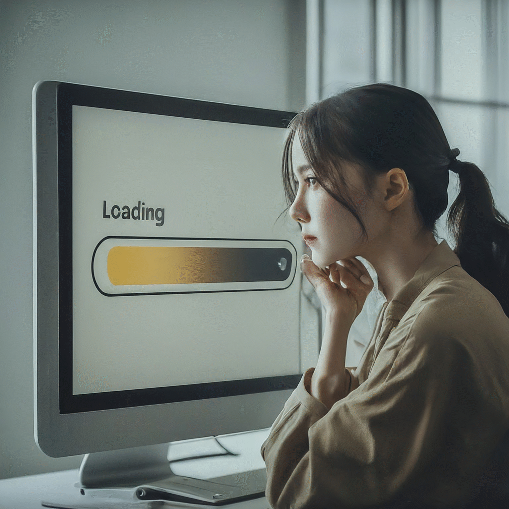 An office worker looking at a computer screen displaying a slow loading spinner, indicating a slow-running computer.