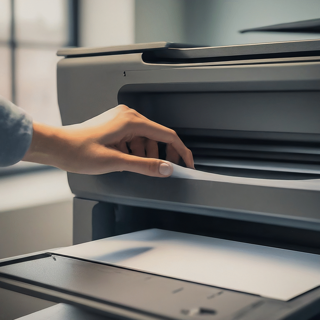 A person calmly inspecting the paper tray of a modern office printer, ensuring the paper is loaded correctly. The scene highlights focus and attention to detail in an organized workspace.