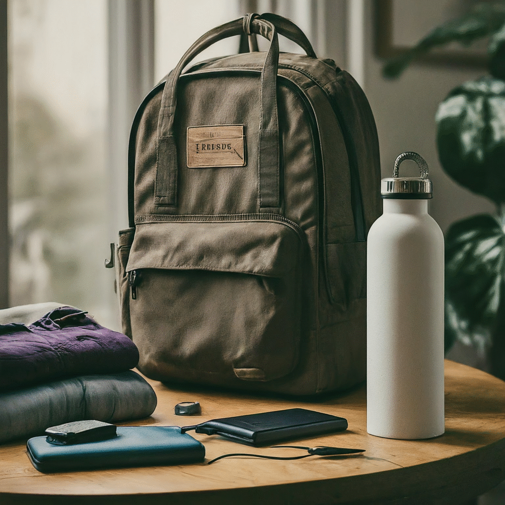 A small, lightweight backpack and a neatly organized collection of travel essentials for a day trip, including comfortable clothes, a water bottle, and a power bank, arranged on a surface, conveying readiness for adventure.