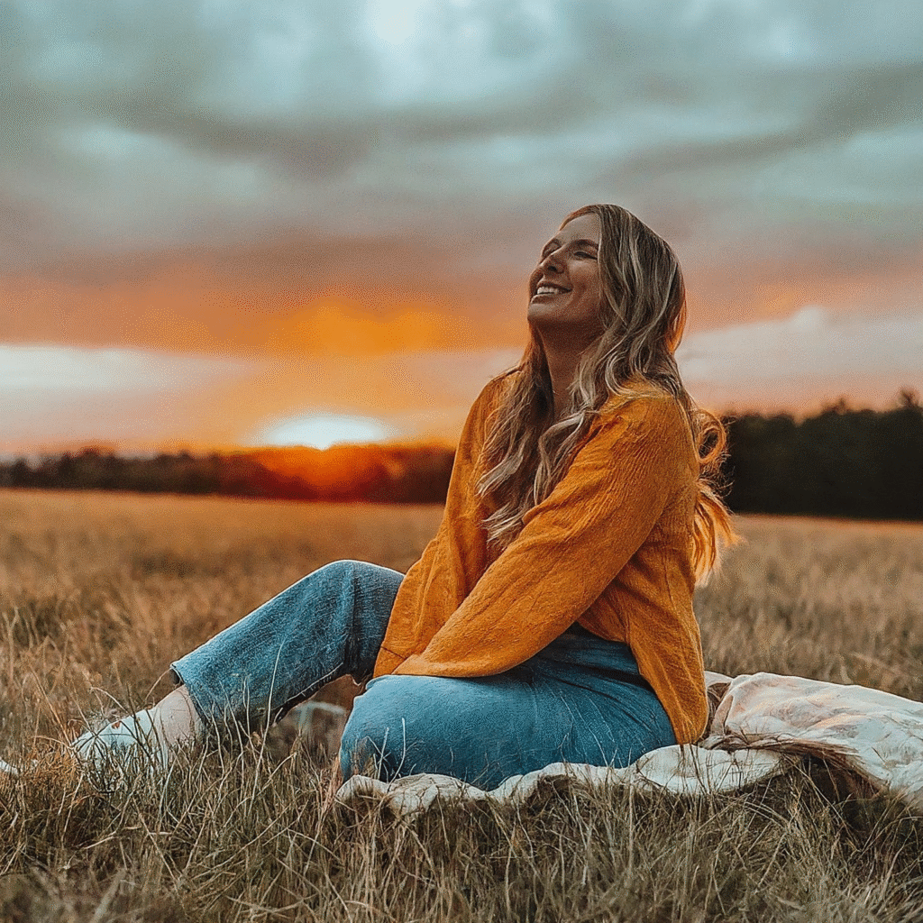 A person or a small group of friends or family smiling, relaxed, and enjoying a picturesque outdoor scene, immersed in the moment during a perfect day trip.