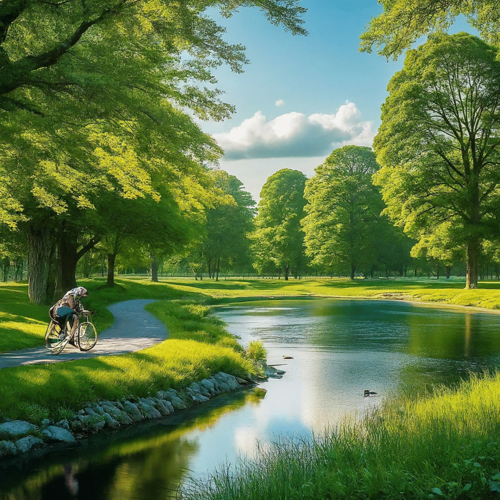 A scenic natural landscape with lush green trees and calm water. People are enjoying a relaxing day outdoors, walking or cycling along a sunny path.