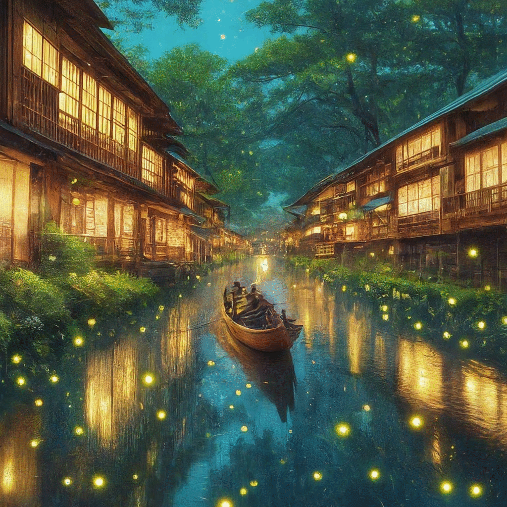 A peaceful evening boat ride on a canal, with fireflies twinkling among trees and traditional wooden houses along the banks.