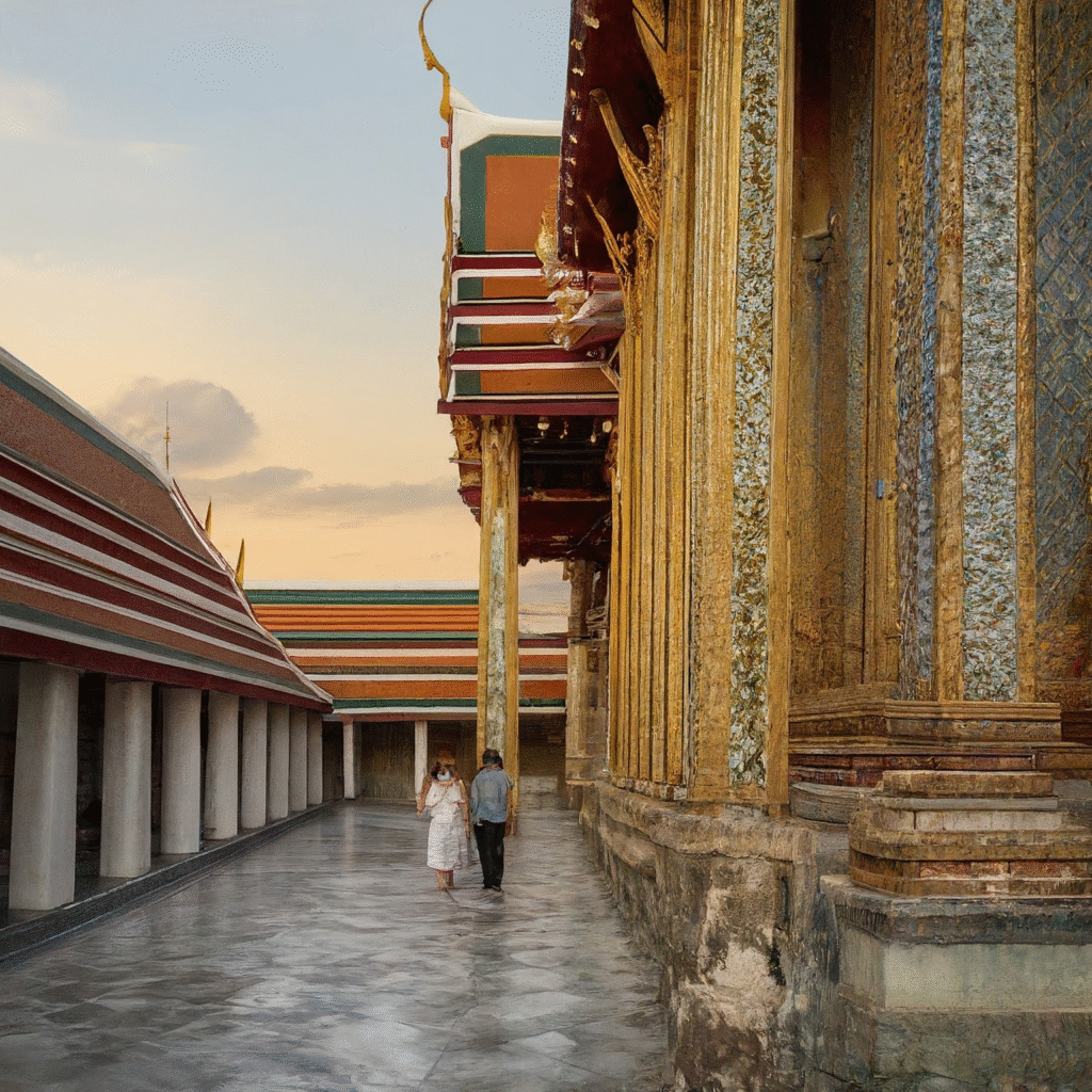 People reverently walking through the ornate grounds of a grand traditional Thai temple, part of a spiritual journey.