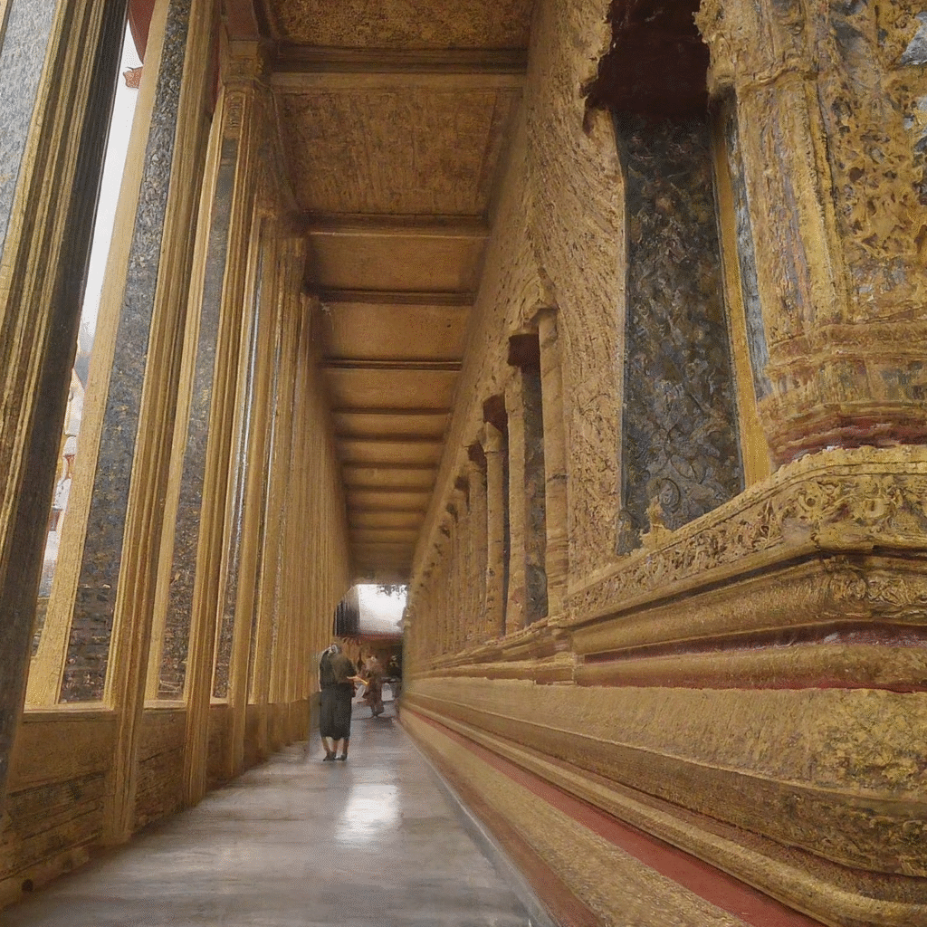 Visitors respectfully walk through the decorated halls of a grand Thai Buddhist temple, admiring the sacred artistry and architecture.