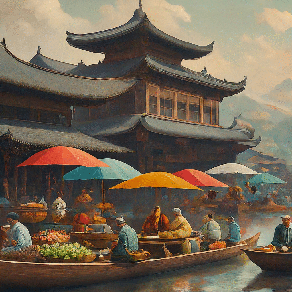 Visitors leisurely exploring a vibrant temple market by a tranquil river, enjoying diverse local food and engaging in cheerful conversations.