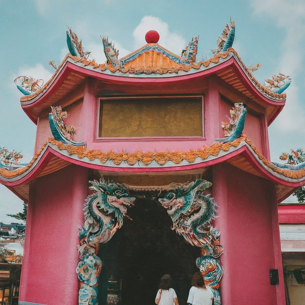 Visitors gently walking and observing a towering pink temple, with a majestic dragon sculpture gracefully coiling around its structure.