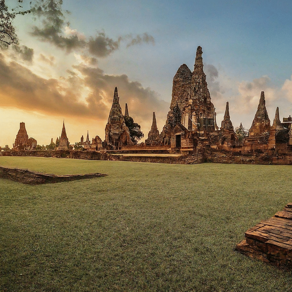 Travelers happily exploring diverse attractions during a one-day trip, including ancient ruins, bustling local markets, and serene natural landscapes in Thailand.