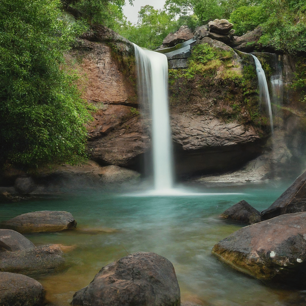 A beautiful tiered waterfall in a lush green tropical forest, with clear water cascading over limestone rocks into serene pools, bathed in natural light.