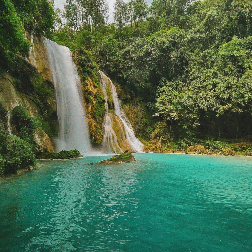A beautiful multi-tiered waterfall with crystal-clear, emerald green pools, set amidst a lush, verdant forest. Sunlight highlights the water, revealing fish swimming. People are gently enjoying the serene natural environment near the water\