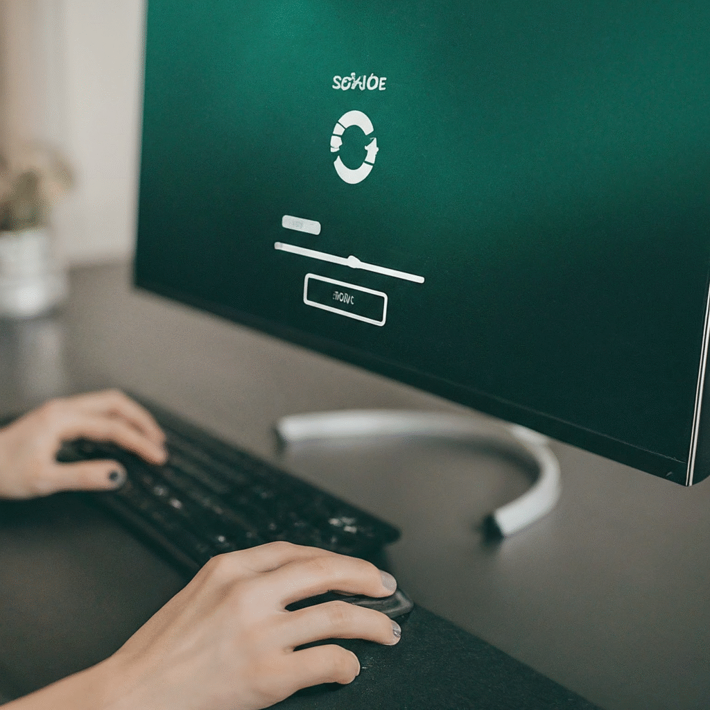 A close-up of a computer screen displaying a software interface for updating graphics drivers, showing a notification for new driver availability or a download progress. A person\