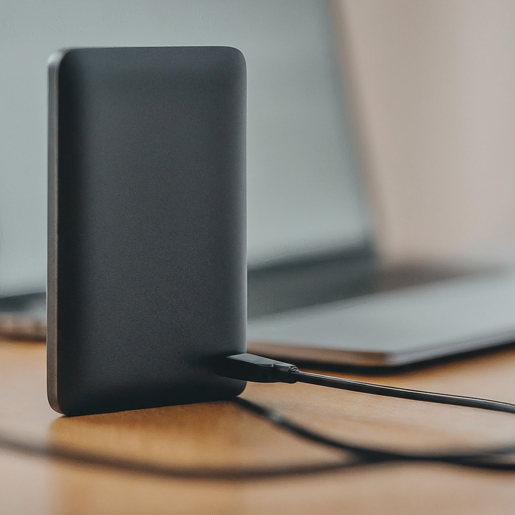 An external hard drive connected to a laptop on a clean desk, symbolizing reliable local data backup and digital security.
