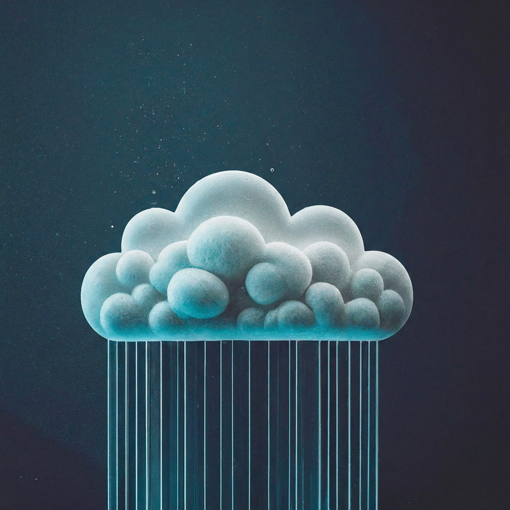 A secure and peaceful digital cloud, with data streams flowing into it from various modern electronic devices like laptops, tablets, and smartphones, representing effortless and accessible online data storage.