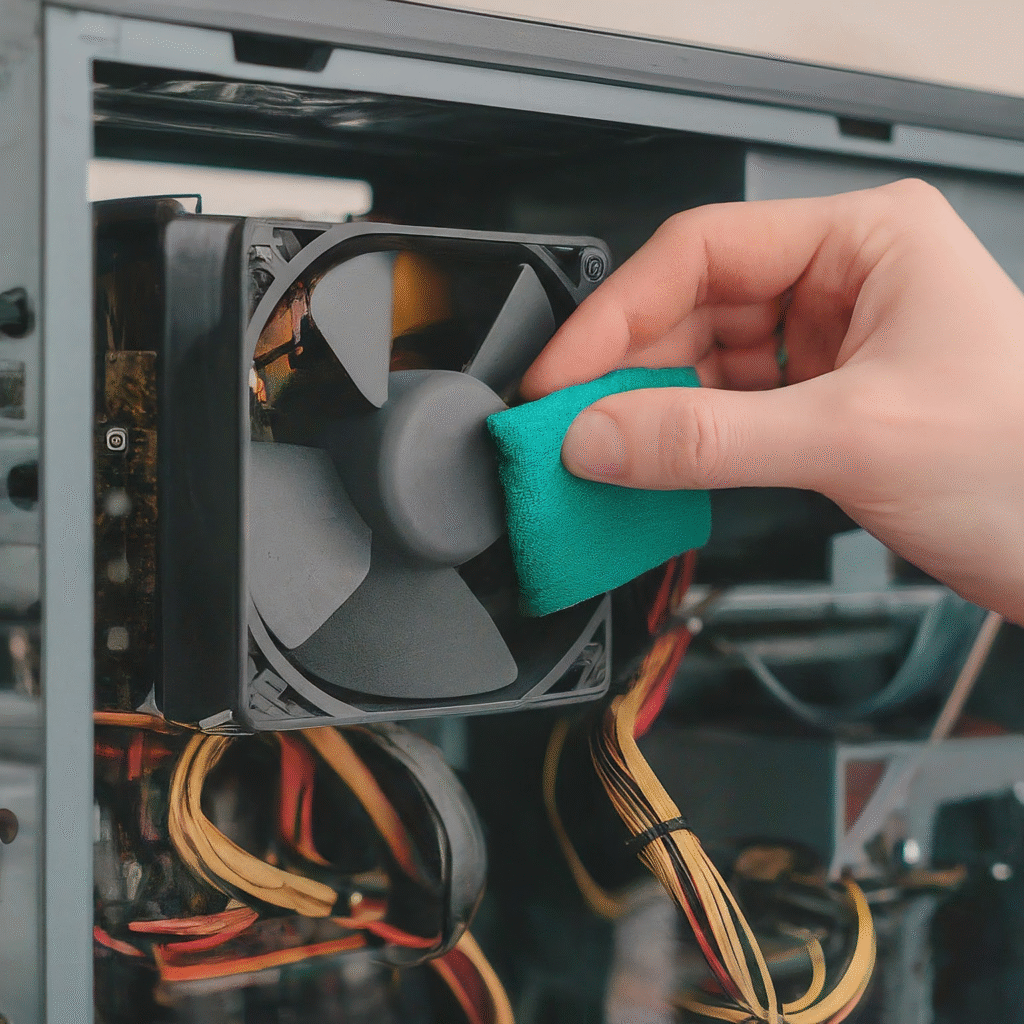 A person thoughtfully performing maintenance on a computer\