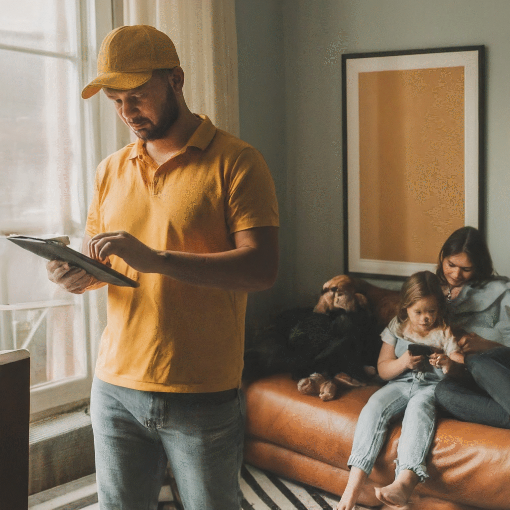 A skilled technician working on home internet equipment, ensuring a strong and stable Wi-Fi connection for a happy family enjoying their devices seamlessly.