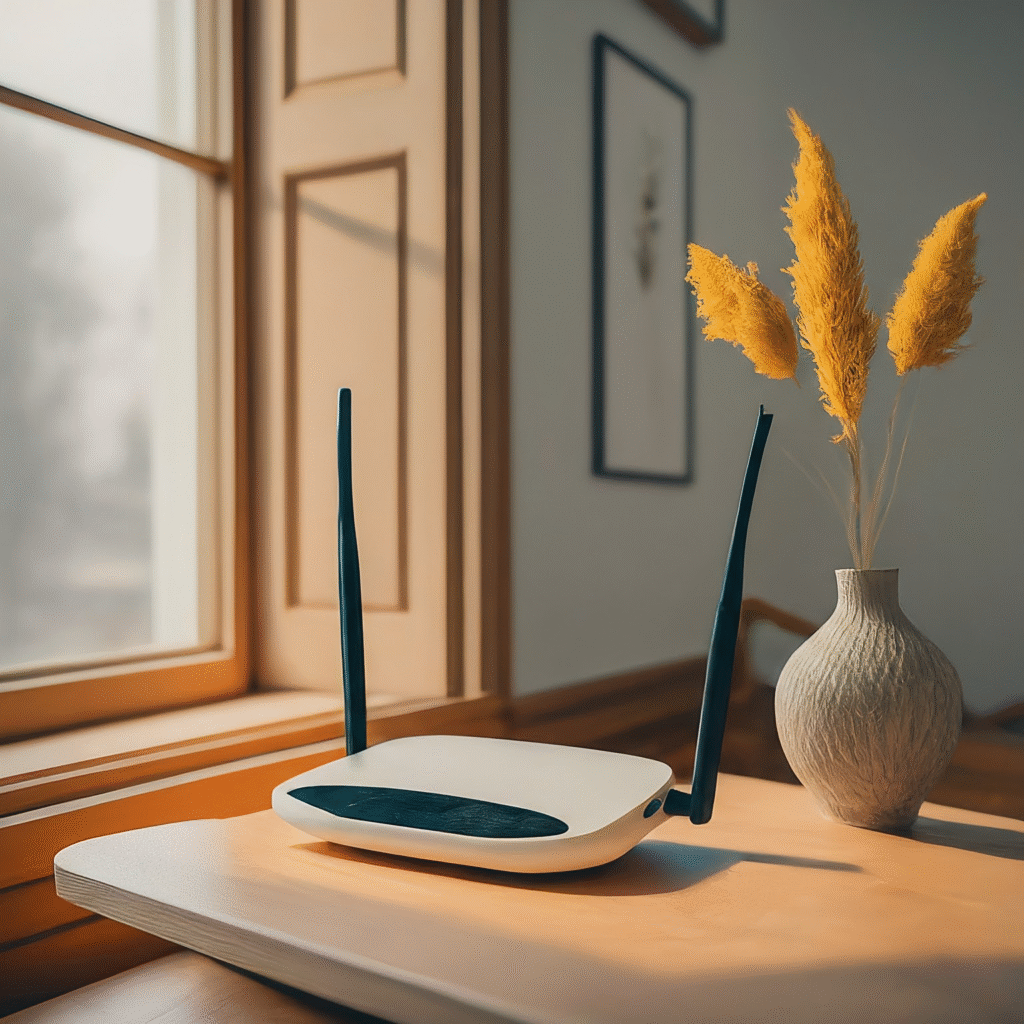 A modern home interior scene depicting a robust and secure Wi-Fi network, with a router emitting strong, reliable signals that connect effortlessly to various devices, highlighting an environment of safe and efficient connectivity.