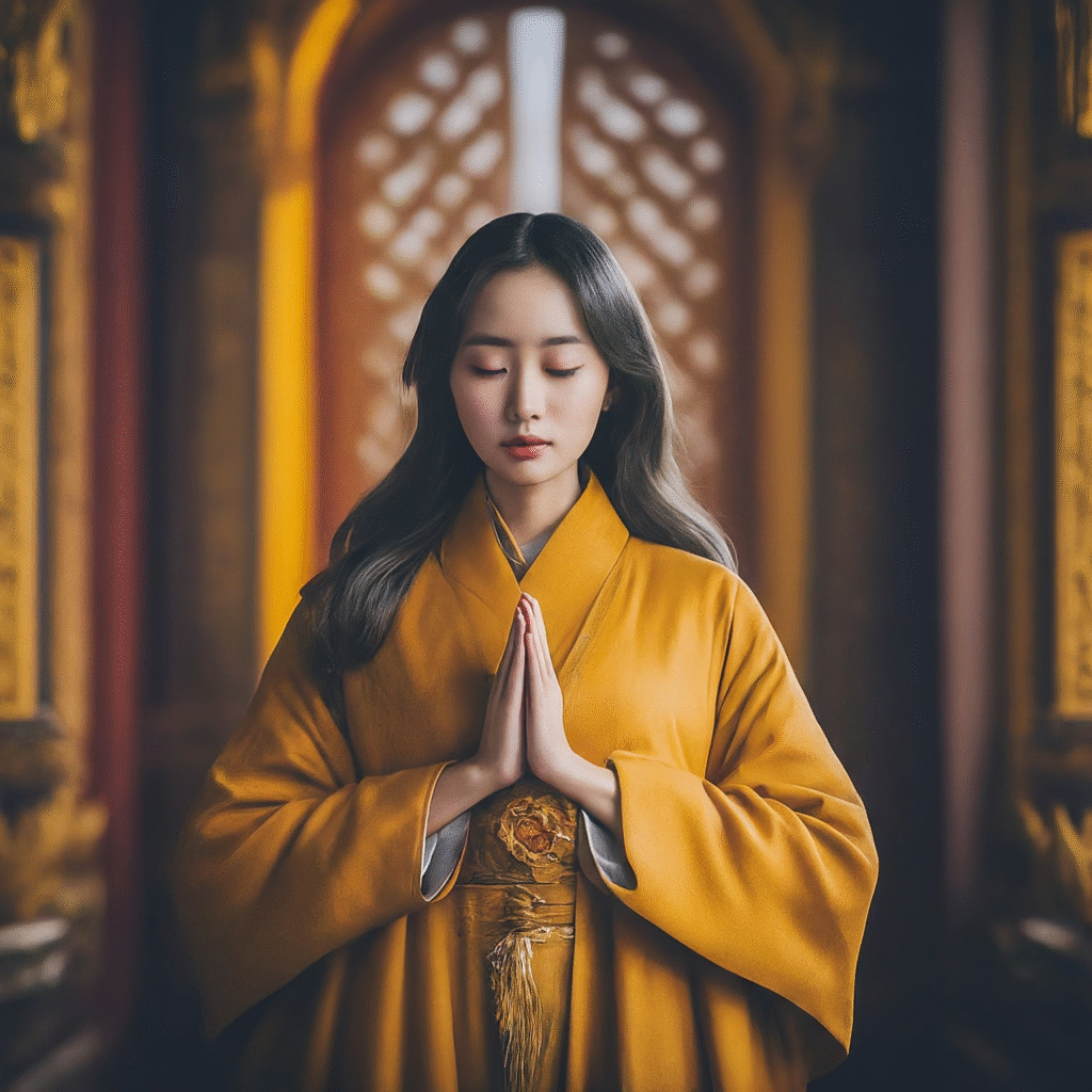 Visitors respectfully engage in traditional customs and quiet contemplation within a serene Buddhist temple, showing reverence and calm demeanor.