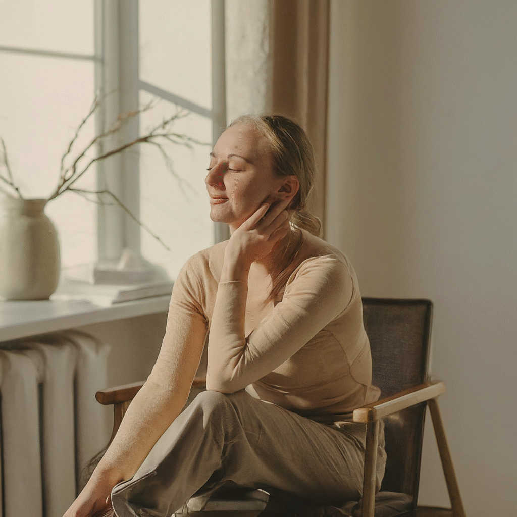A person sits in a relaxed posture, hands gently resting, with a soft smile, enjoying a quiet, sunlit home interior.
