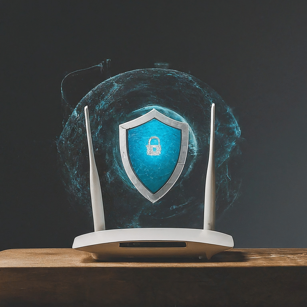 A modern Wi-Fi router surrounded by a strong, protective digital shield, symbolizing enhanced network security and the safe flow of personal data.