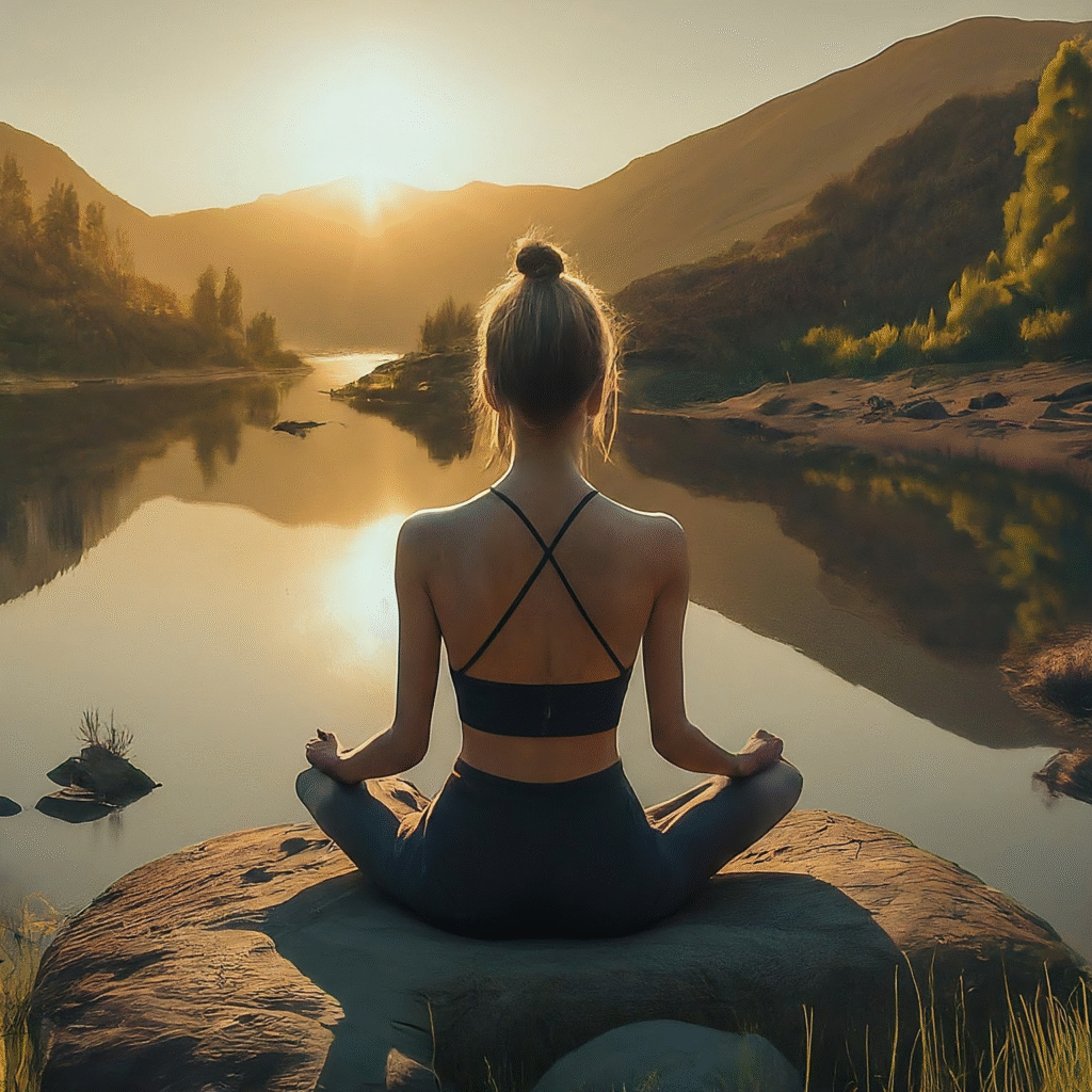 A person sitting in calm meditation, reflecting peacefully within a tranquil natural setting at a spiritual retreat center.