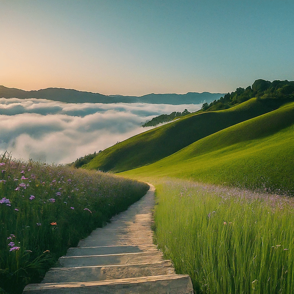 A beautiful nature trail winding through lush green mountains, leading to a scenic viewpoint overlooking a sea of mist at sunrise, evoking a sense of peaceful discovery.