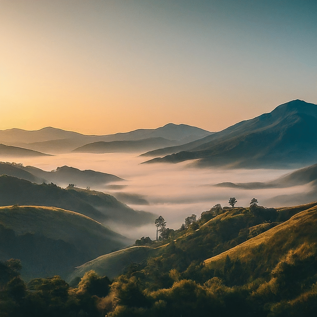 A beautiful natural landscape in a Northern Thailand national park, featuring majestic mountains covered in lush green forests, with a soft sea of mist clinging to the valleys, illuminated by the gentle light of a peaceful sunrise.