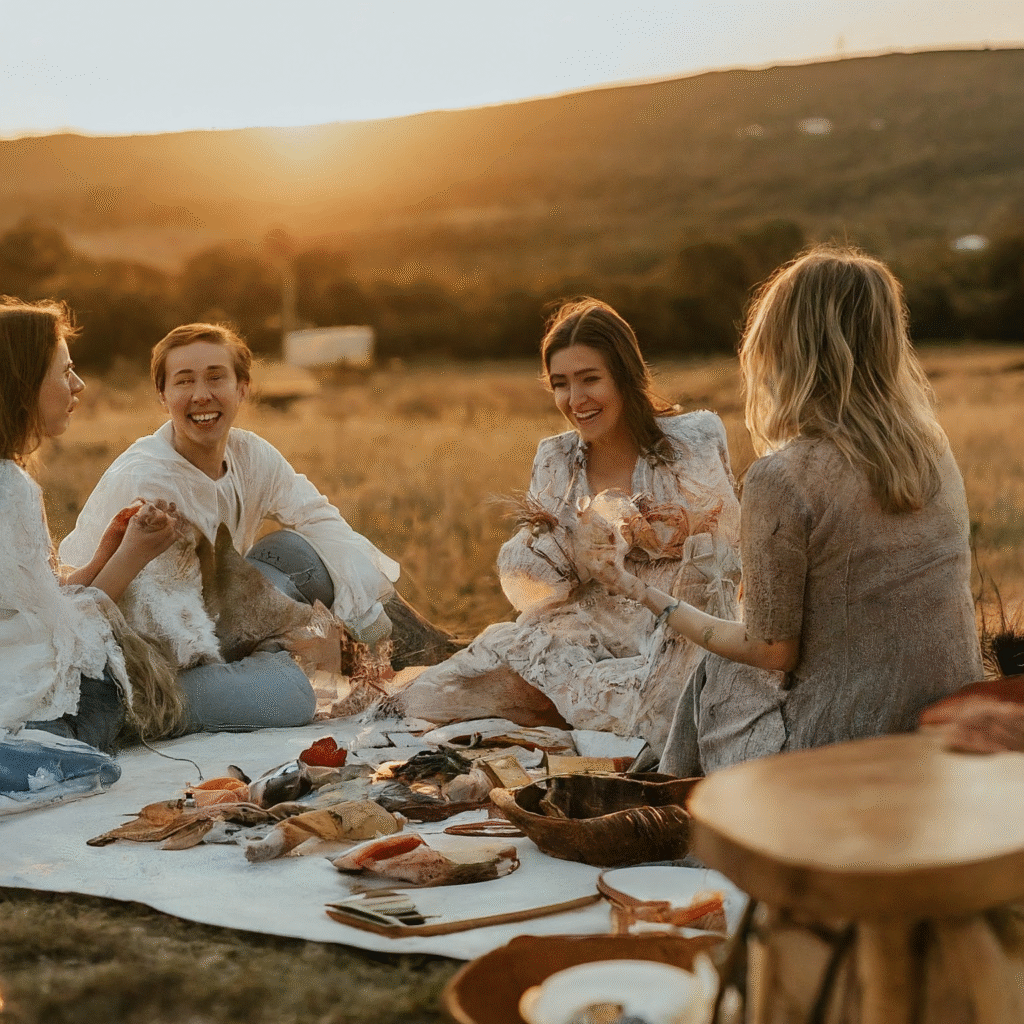 A joyful group of friends or family members having a picnic outdoors in a beautiful natural setting, sharing simple, wholesome food and drinks, laughing and enjoying their time together.