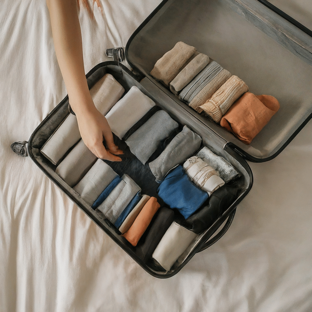 A traveler efficiently organizes neatly folded clothes into various packing cubes inside an open suitcase on a clean bed, preparing for a trip.