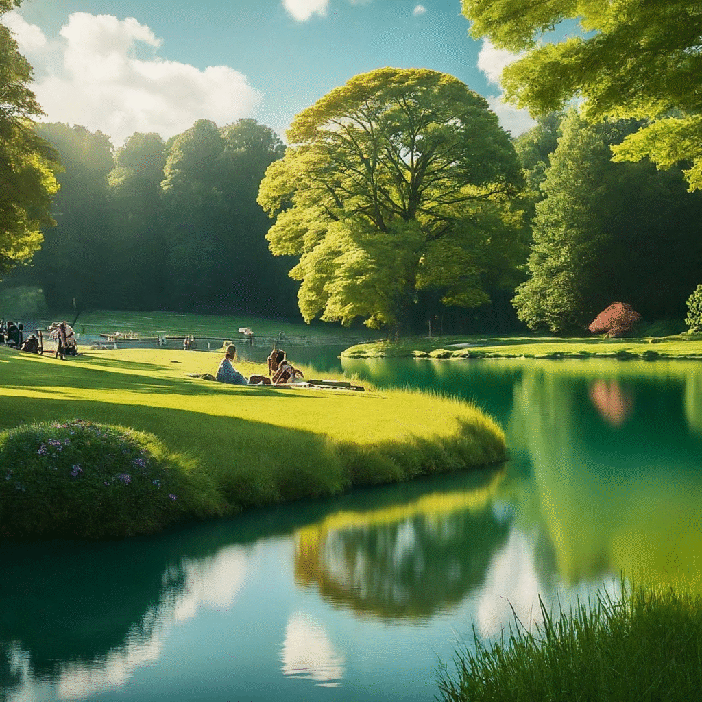 People of various ages enjoying a refreshing day in a beautiful natural park, surrounded by lush greenery, trees, and calm water.