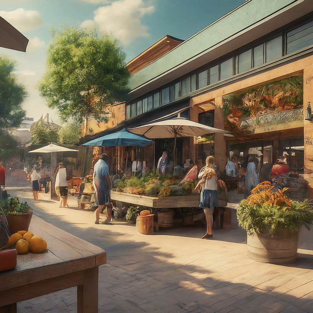 A lively scene at a modern community lifestyle center, where people are happily browsing unique crafts, enjoying fresh local produce, and relaxing at outdoor cafes, surrounded by stylish architecture and green elements.
