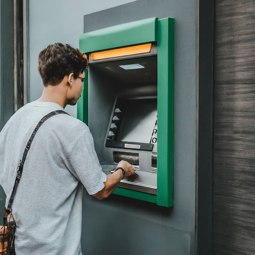 A tourist withdrawing Thai Baht from an ATM on a clean, well-lit street in Thailand, focusing on practical money management.