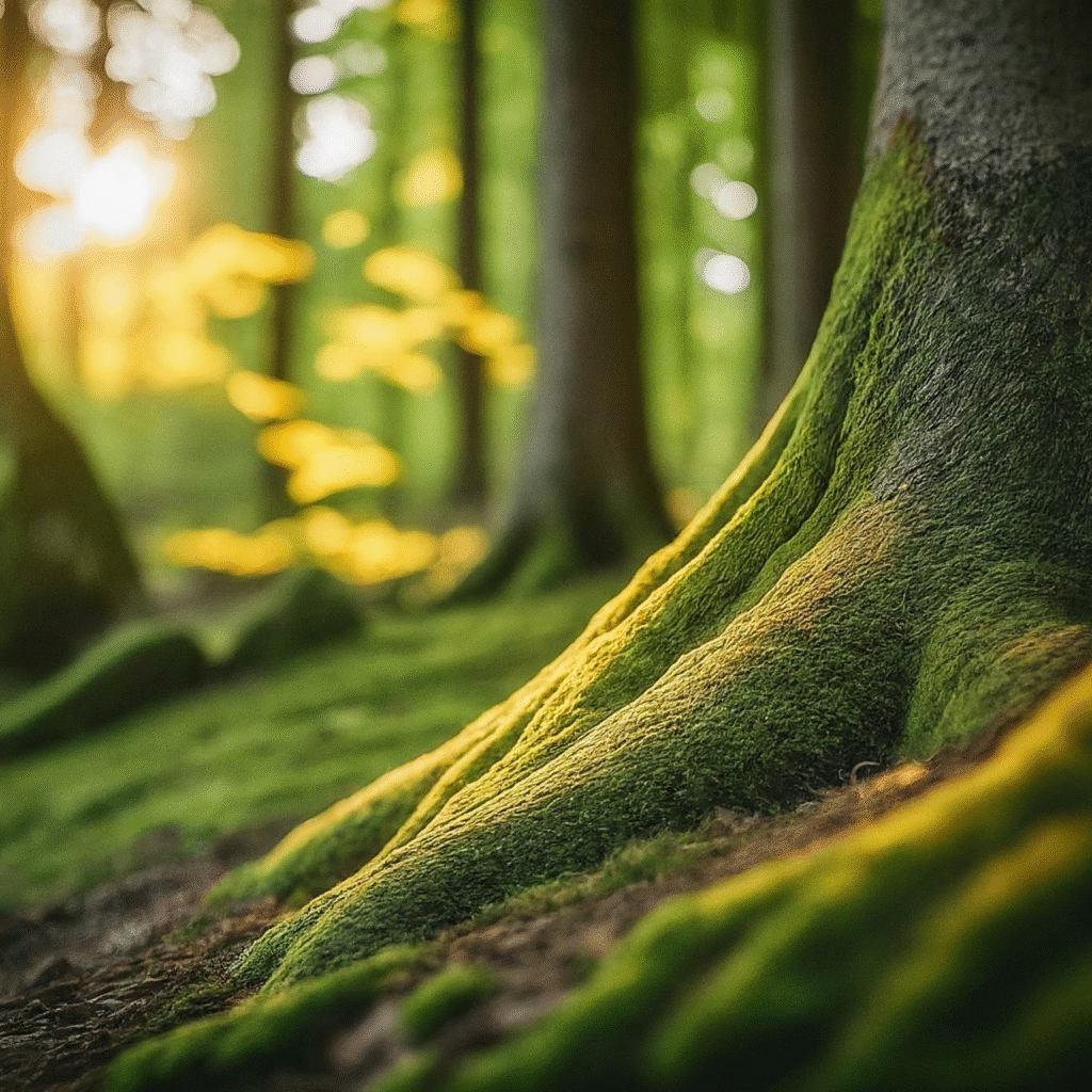 A person or a small group of people relaxing peacefully in a serene, lush green forest, with gentle sunlight filtering through the trees. The scene conveys a sense of calm, well-being, and connection with nature.