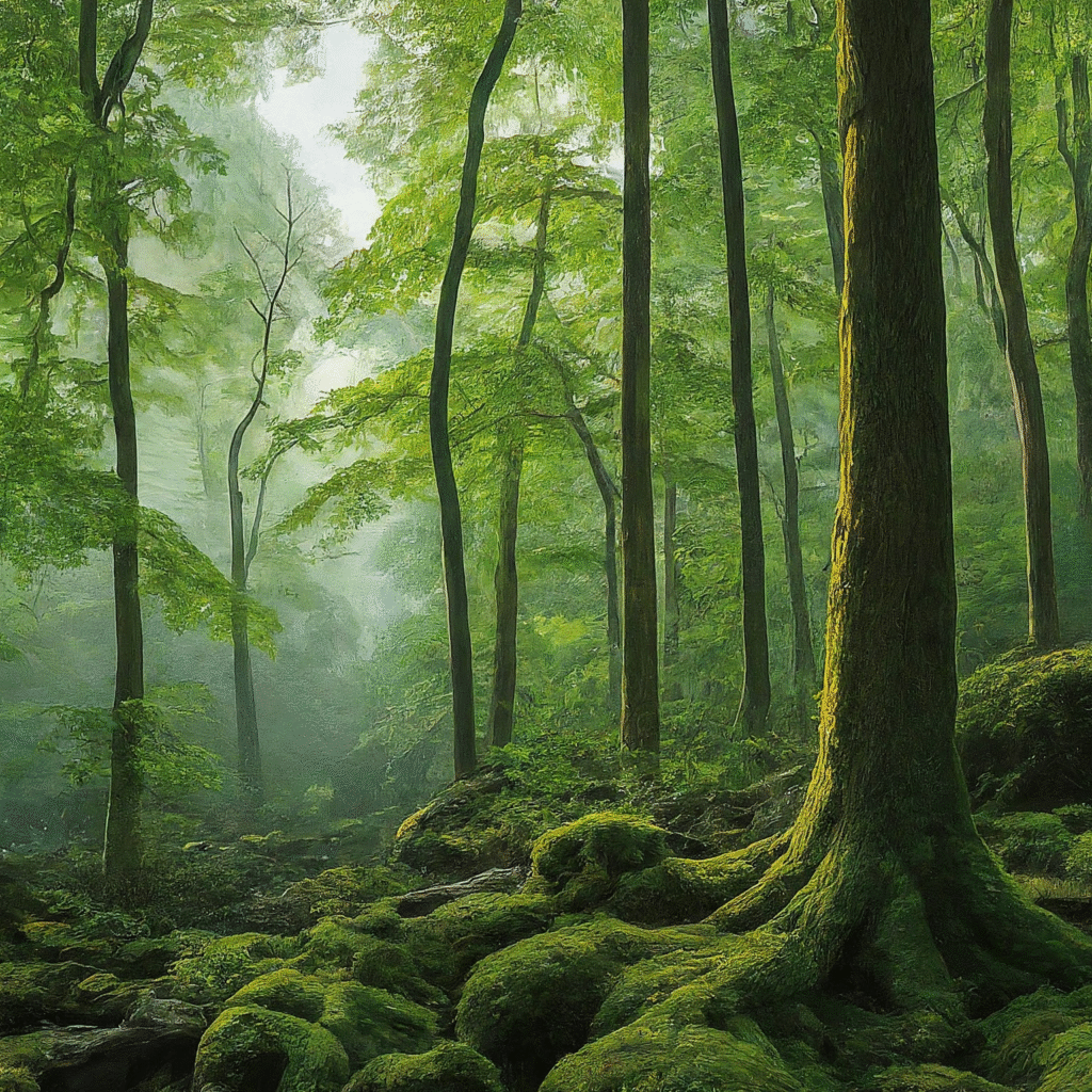 A serene, lush national park with dense green trees and a rich ecosystem. Gentle morning mist hovers among the foliage, and soft sunlight filters through the canopy, creating a peaceful atmosphere. The air feels fresh and clean, inviting a sense of calm and rejuvenation.