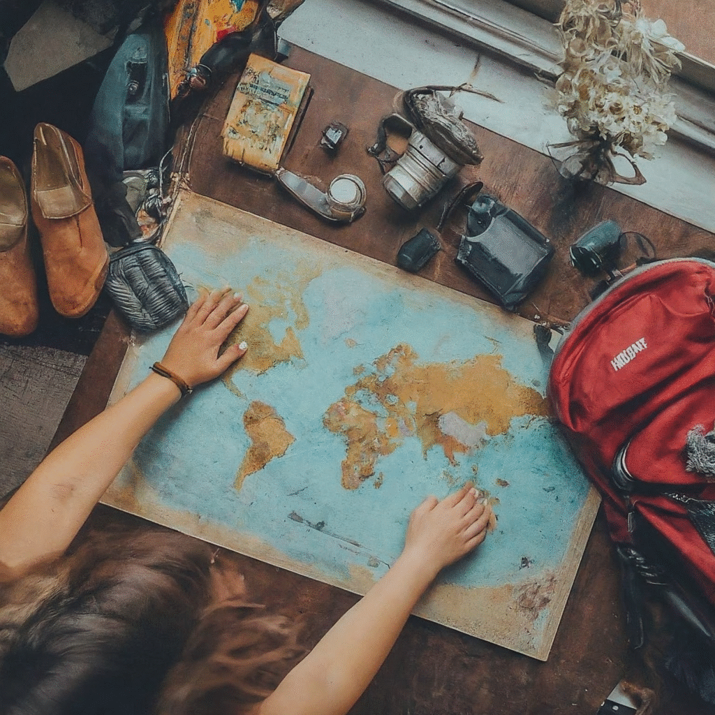 A budget backpacker joyfully planning their next adventure on a world map, surrounded by simple travel essentials in a shared hostel space.