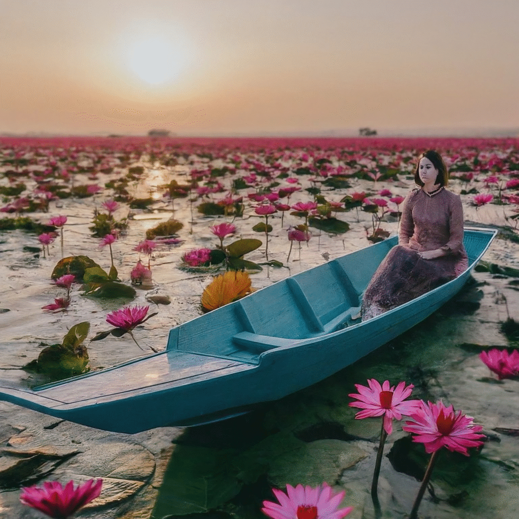 Visitors gently riding a boat across a vast lake filled with millions of red lotuses blooming under the soft morning light.