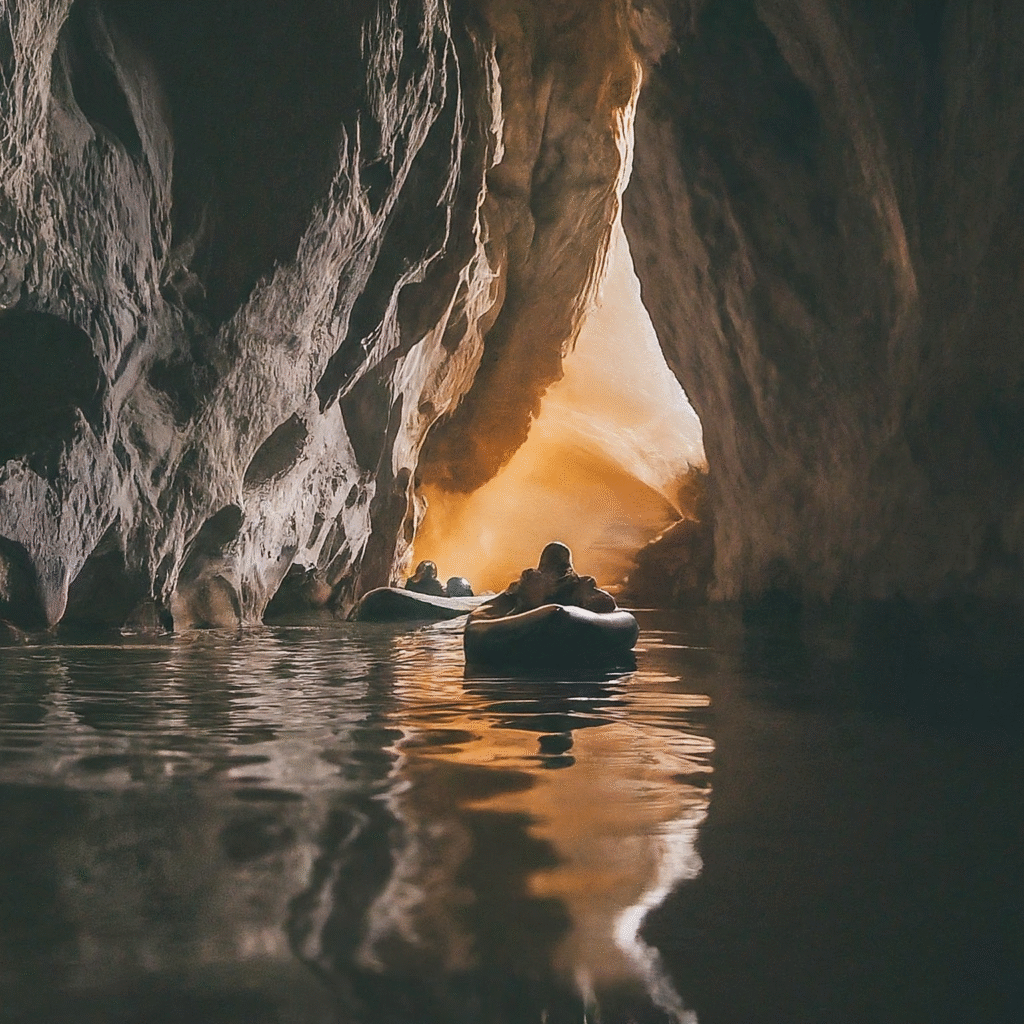Adventurers lying flat in small boats, carefully navigating through a dark, mysterious cave with ancient, unique rock formations.