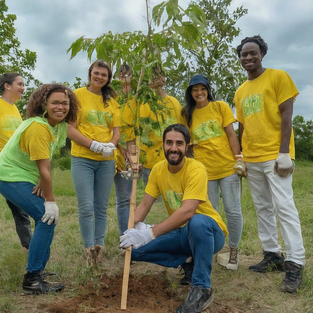 A diverse group of travelers smiling while participating in a community tree-planting initiative, contributing to a greener, healthier environment.