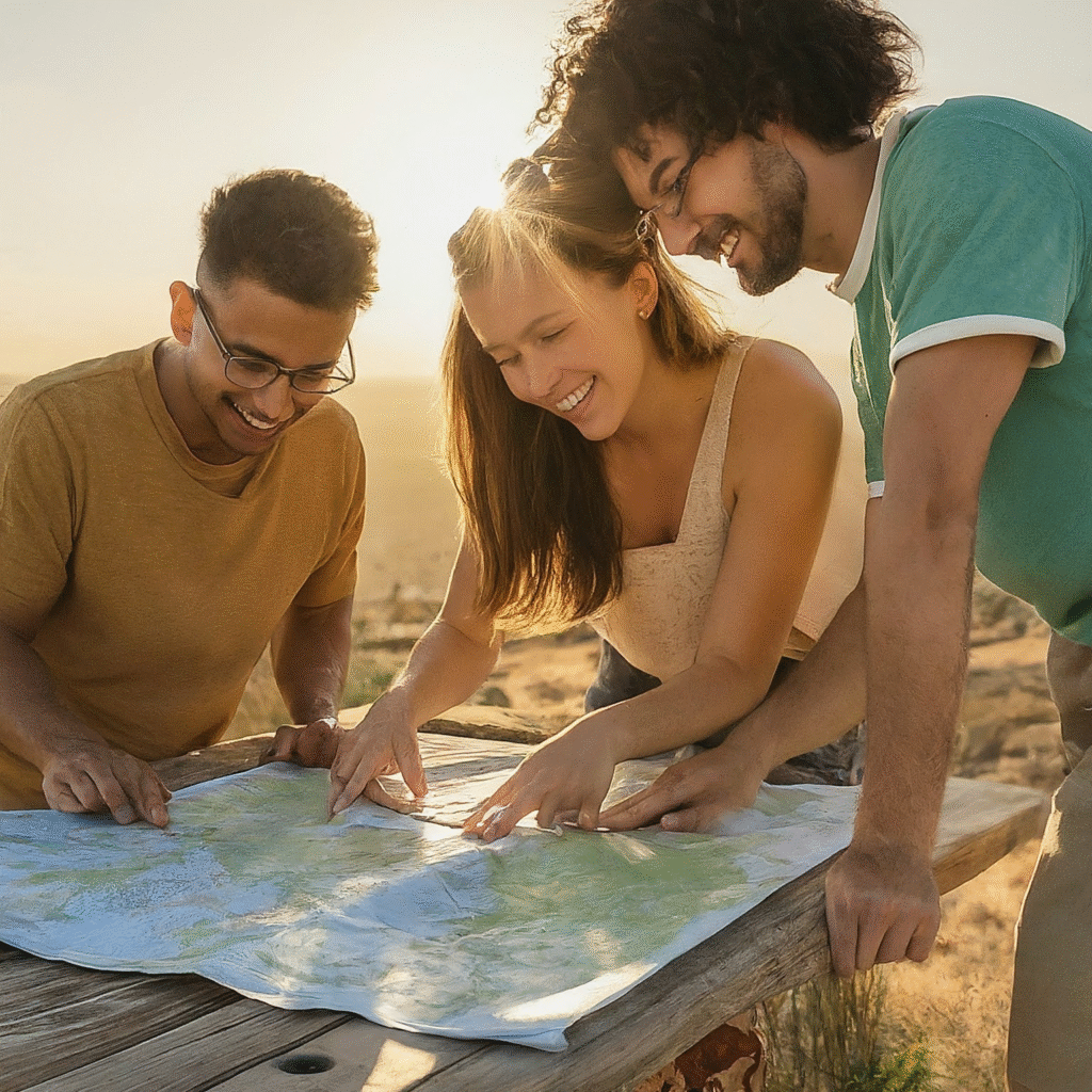 A diverse group of friends smiling, meticulously planning a responsible ecotourism trip together, spreading maps on a sunlit table.