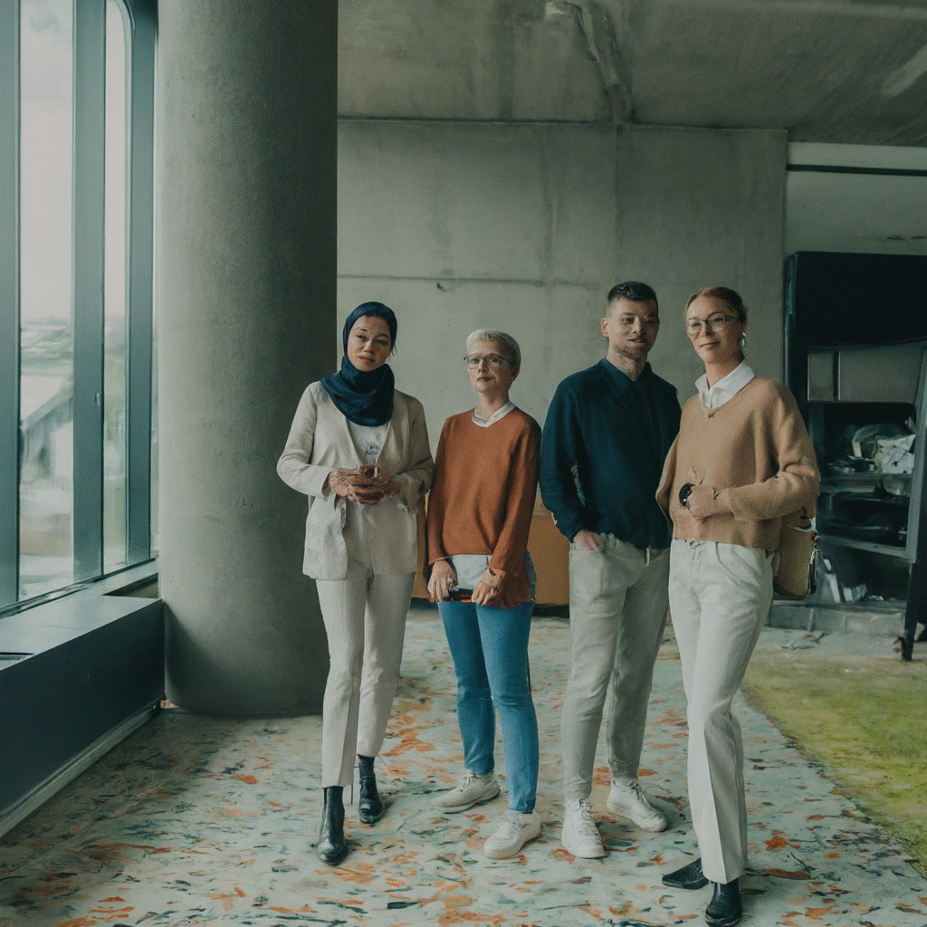 A diverse team of professionals collaborating effectively in a modern office, with abstract digital connections representing automated workflows streamlining various business processes and improving overall efficiency.