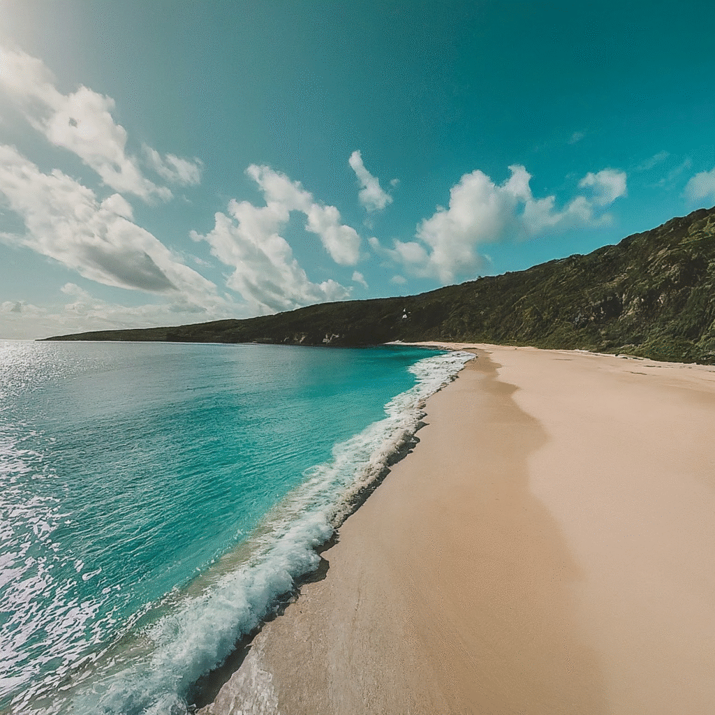 A tranquil, pristine white sand beach meeting calm, clear turquoise ocean water under a sunny sky, with lush green tropical foliage in the background.