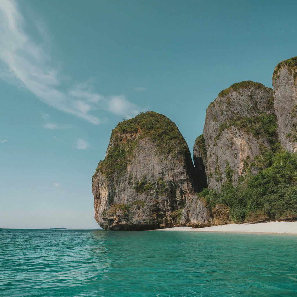 A breathtaking view of a tropical paradise with towering limestone formations rising from the crystal clear, emerald ocean. A wide stretch of pure white, powder-fine sand meets the calm, inviting water under a bright sky, showcasing the grandeur and purity of nature.