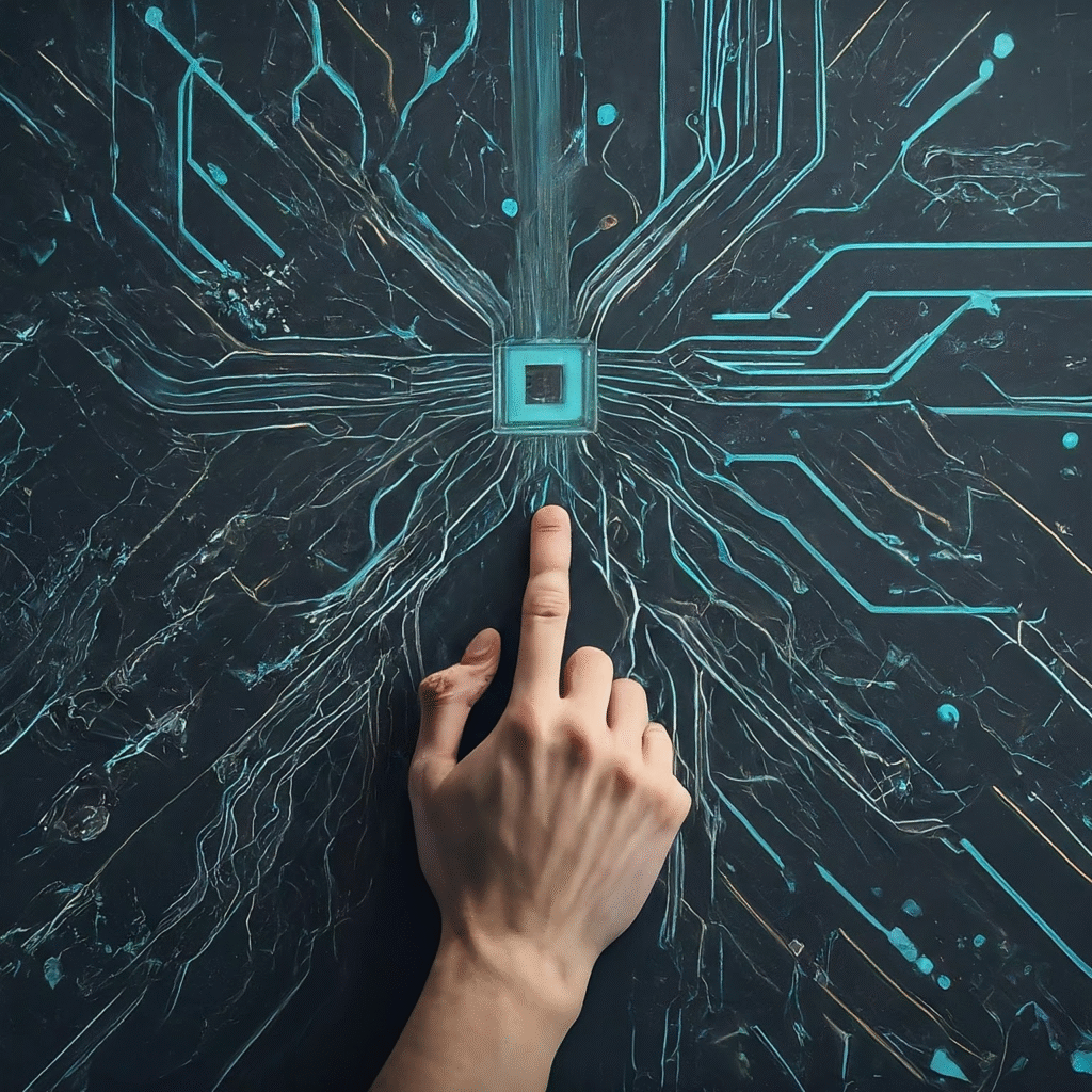 A person with a thoughtful expression is designing and orchestrating a sophisticated, self-managed automation system. Interconnected digital nodes and flexible pathways are visible, symbolizing complete control over data flow and customizable workflows. The scene emphasizes power, efficiency, and secure data handling within a modern, organized digital space.