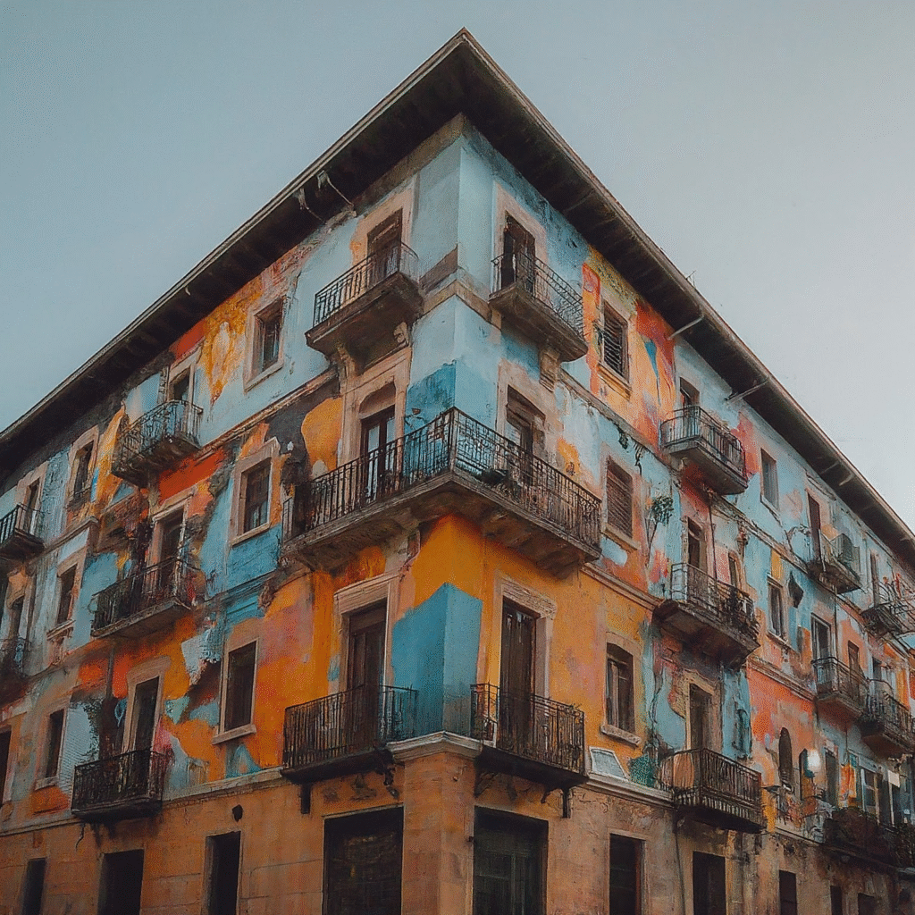 Visitors explore a historic city, taking photos of ornate buildings and colorful street art under a clear sky.