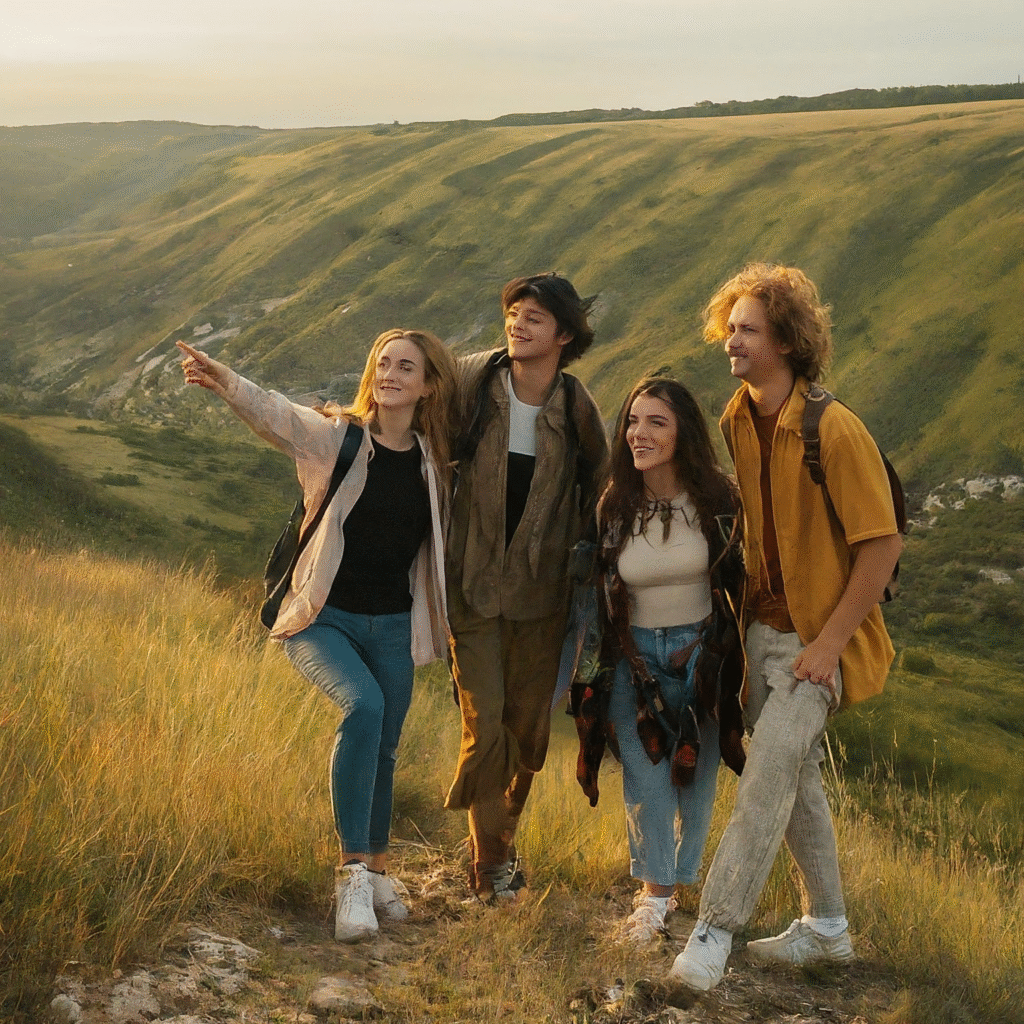Friends hike on a scenic nature trail, smiling and taking photos of breathtaking views, surrounded by lush greenery.