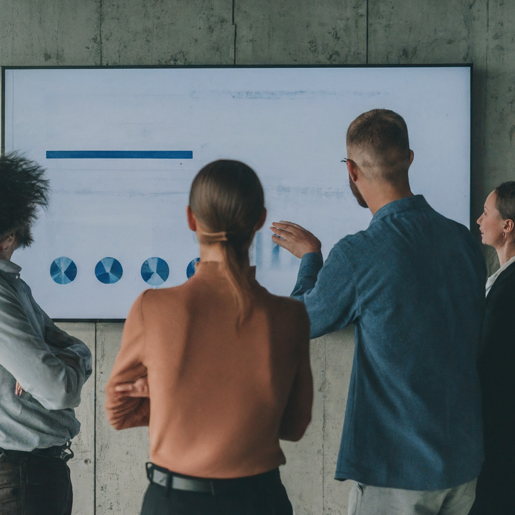 A diverse team of business professionals looking at an interactive large screen displaying dynamic charts, graphs, and a clear business dashboard, representing insightful data analysis and effective strategic decision-making leading to growth.
