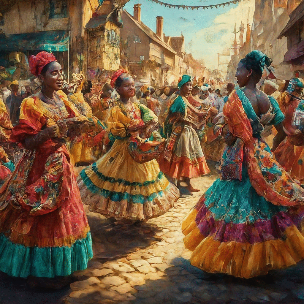 A joyful scene of people engaged in a cultural celebration, with vibrant traditional costumes and detailed handicrafts, bathed in warm natural light.