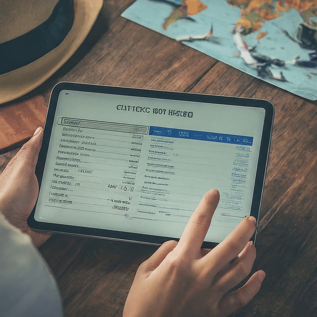 Travelers compare flight prices on a tablet, considering full-service versus low-cost airlines for budget travel planning.