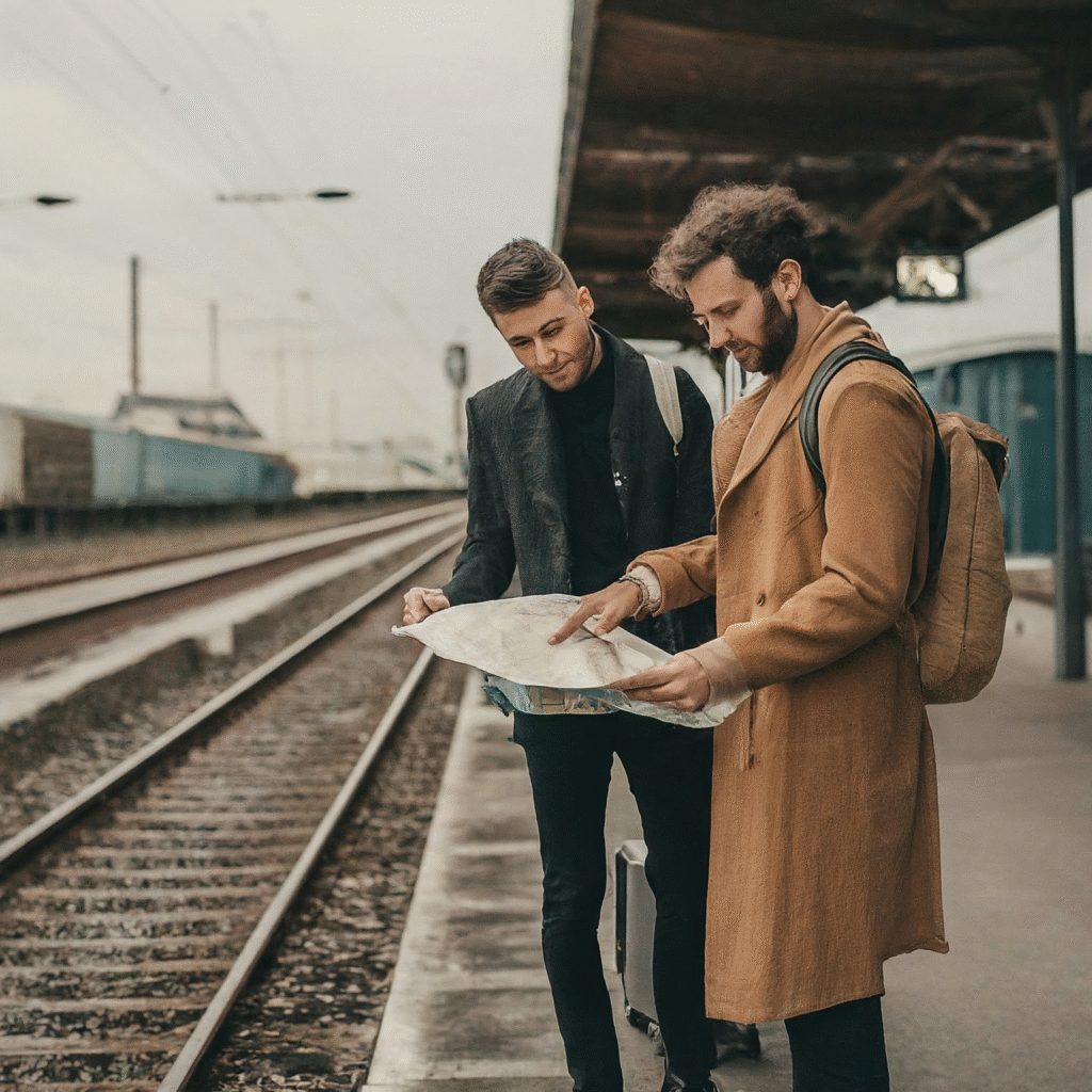 Travelers consulting a map near a train station, having arrived at a less central airport, anticipating their journey into the city.