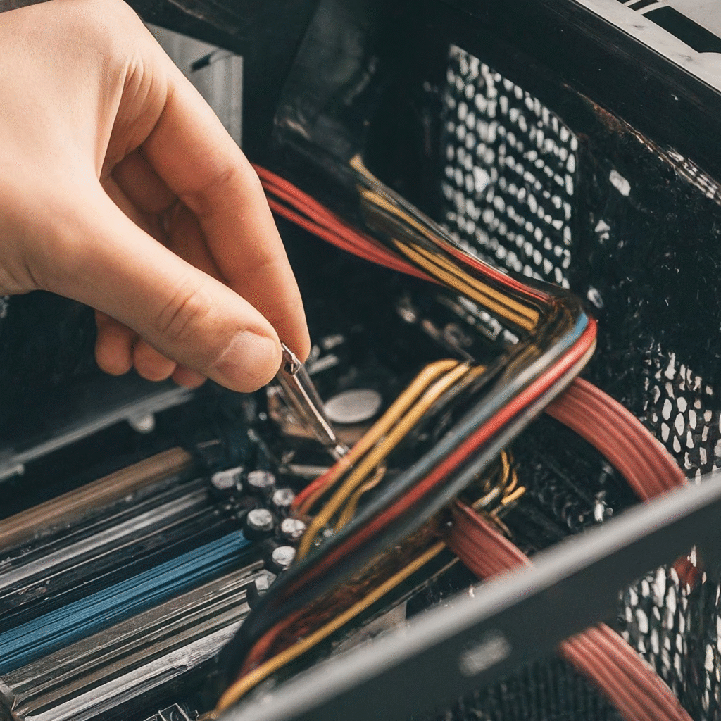 A person carefully installing a motherboard into a desktop computer case, with neatly managed cables visible inside the case.
