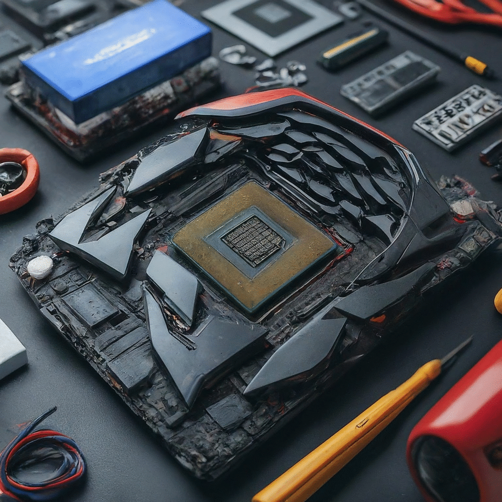 Main components of a gaming computer, such as a motherboard, graphics card, CPU, and memory modules, are neatly arranged on a clean, organized workspace. Essential building tools like a screwdriver, anti-static wrist strap, and cable ties are laid out alongside them.