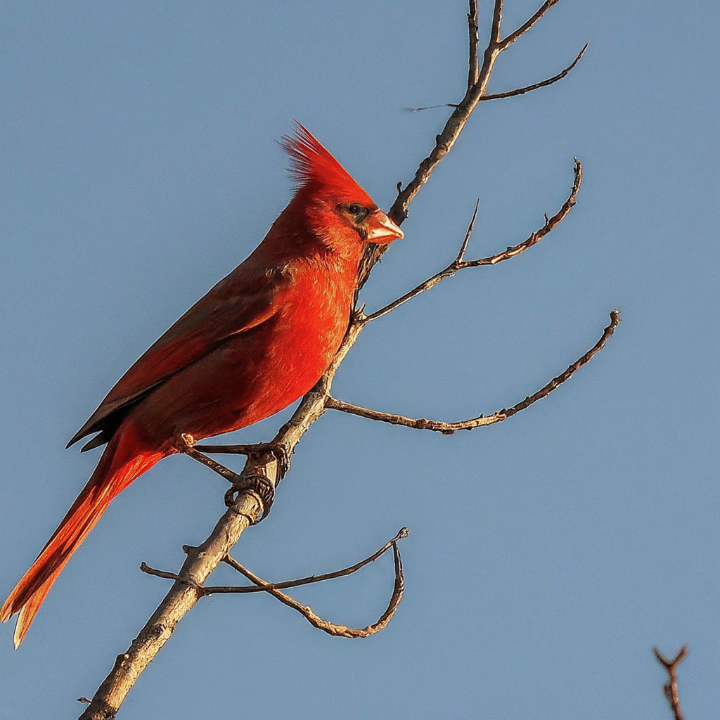 A vibrant red bird perched on a slender branch, silhouetted against an expansive, soft blue sky, with ample empty space surrounding the bird.